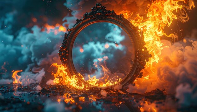 Abstract mirror and fire concept, surreal artistic composition, fantasy photography style,