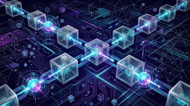 Abstract Digital Blockchain Network with Glowing Cubes and Connections