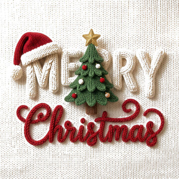 Merry Christmas knitted typography with Santa hat and decorated pine tree illustration