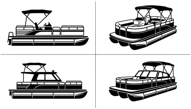 Pontoon boat vector collection with side profiles and perspective views of party deck vessels isolated
