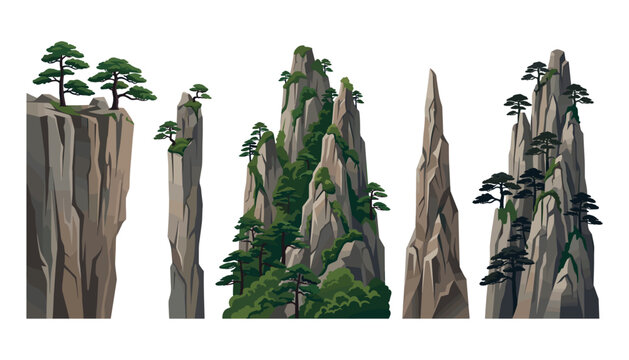 Traditional Chinese Mountain Peaks and Rocky Cliffs with Pine Trees Vector Set for Asian Landscape Backgrounds, Digital Art, and Nature Designs