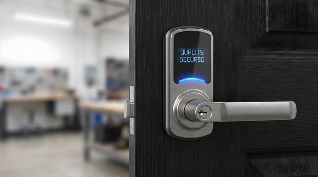 Smart door lock with glowing blue display mounted on dark wood panel.
