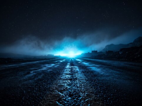 Desert highway at night with glowing blue light horizon and starry sky under misty atmosphere provides cinematic sci-fi background for travel or mystery themes.