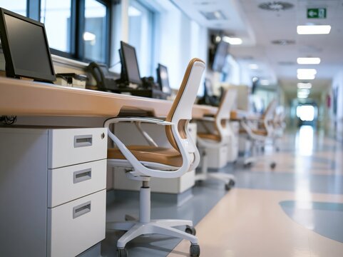 Empty hospital nurse station with vacant chairs and unused equipment at bright corridor