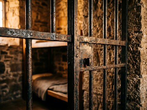 Dimly lit jail cell with iron bars and heavy shadows