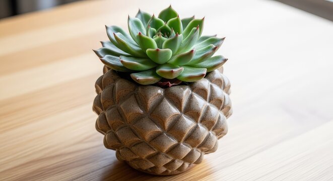A handcrafted ceramic planter shaped like a pine cone holds a green succulent, placed on a wooden table with soft natural lighting and shadows, green, rustic, atmosphere