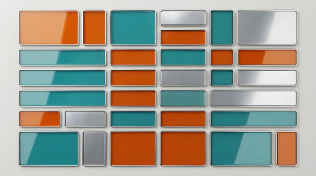Retro mid-century modular glass and metal tiles background, glossy teal orange and stainless steel rectangular panels grid