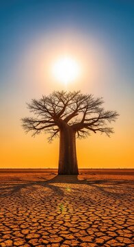 A massive solitary tree endures the sweltering heat of a radiant sun, casting a small shadow on the parched ground of a vast, empty field, glowing, glare, soil