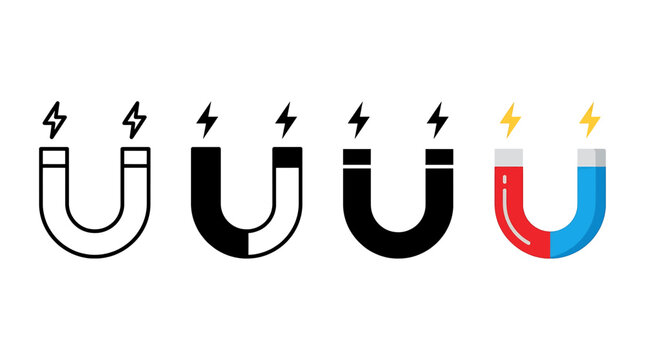 Vector illustration of a classic horseshoe magnet with lightning bolts, representing fundamental physics concepts, magnetic fields, and electrical energy.