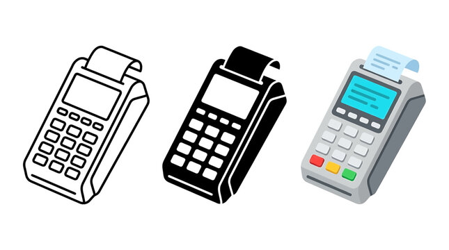 Collection of three point-of-sale (POS) terminal icons in outline, solid, and flat styles, depicting a credit card machine for secure cashless payments and retail transactions.