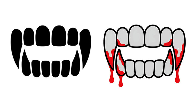 Spooky vector illustration of vampire fangs in two distinct styles: solid black and realistic with dripping blood, perfect for Halloween, horror, and costume themes.