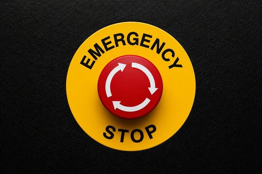Bright yellow emergency stop button with red circular arrow