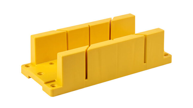 Yellow plastic miter box tool for cutting wood angles accurately in a workshop setting isolated on transparent background