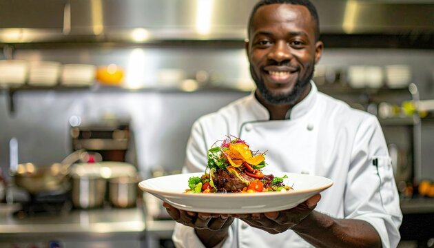 Chef presenting signature dish in luxury restaurant