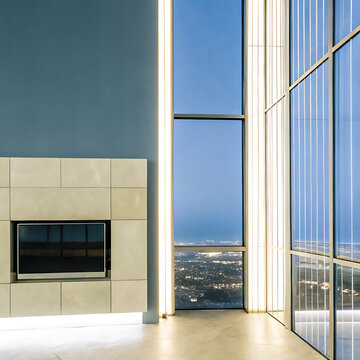 Architectural interior photograph featuring a large window overlooking a cityscape at dusk architecture building windows