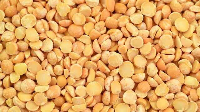 Dry yellow split peas close-up, top view, rotating 