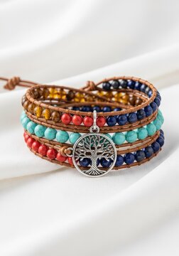 Artisan bohemian wrap bracelet with natural beads and a tree of life charm, styled against elegant white fabric for a feminine aesthetic, fashion, delicate, wood