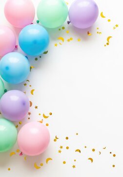 Elegant festive composition with pastel balloons and golden confetti scattered on a white background, featuring ample space for custom text, anniversary, frame, template