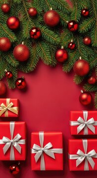 Elegant festive holiday background featuring fir tree branches, red ornaments, and gift boxes on a red backdrop with central copy space, baubles, card, seasonal