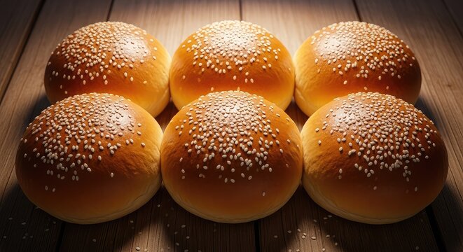 Freshly baked golden brown burger buns sprinkled with white sesame seeds arranged on a rustic wooden table under warm kitchen lighting, ingredient, bakery, dinner