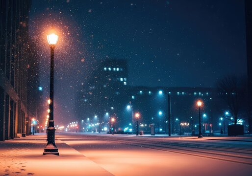 Gentle snow falls on a silent city street at night, where glowing streetlights cast a warm amber light across the fresh, white landscape, moody, peaceful, asphalt