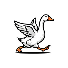 Obraz premium Dynamic cartoon illustration of a white goose running with outstretched wings, depicting speed and motion in a playful, vector-style design.