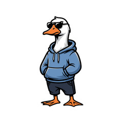 Obraz premium Cool cartoon duck character wearing stylish sunglasses, blue hoodie, and shorts, standing confidently. Modern vector illustration isolated on white background.