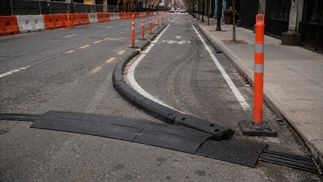 Urban Street with Painted Bike Lane and Rubber Lane Dividers