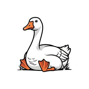 Cute cartoon white goose illustration sitting peacefully on green grass. Simple vector art of a domestic farm bird, perfect for children's designs, educational materials.