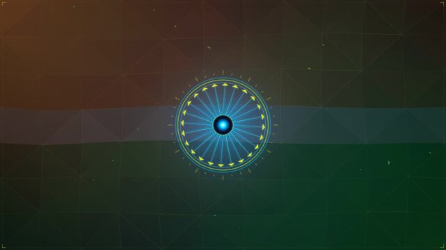Abstract representation of the Ashoka Chakra in the center of the Indian flag, symbolizing national pride and unity, with a vibrant color gradient background