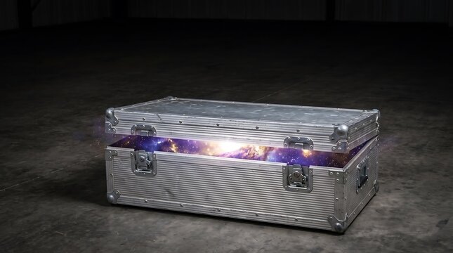 Surreal concept of glowing cosmic galaxy trapped inside a heavy metal flight case