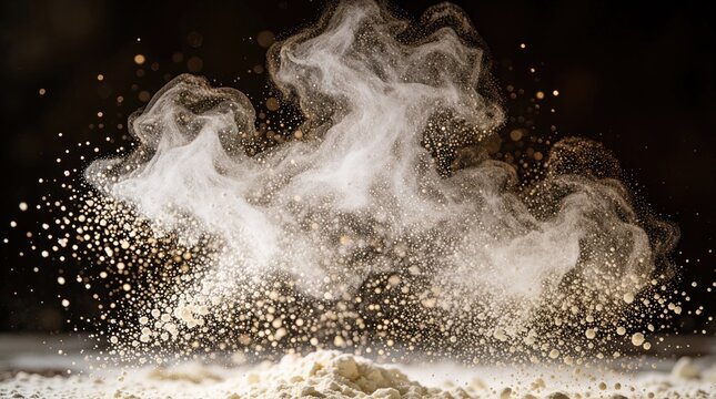 White flour explosion creates large dust cloud against dark background. Fine powder particles burst upward in dynamic motion. Dramatic splash of baking ingredient shows high speed impact, messy