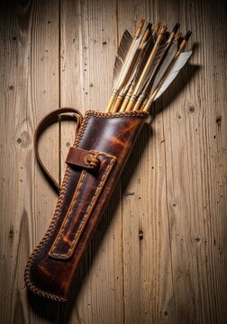 This antique leather quiver filled with fletched arrows rests on a rough rustic wood surface, highlighting the craftsmanship of old tools, arrows, craft, gear