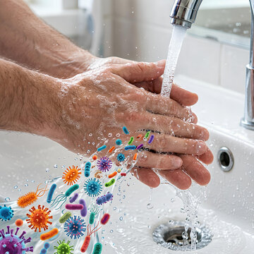 Washing hands under running water with germ graphics.