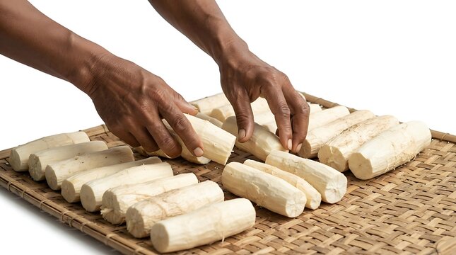 Hands arranging peeled cassava root pieces on traditional woven bamboo tray for sun drying process with carefully organizing several against white background
