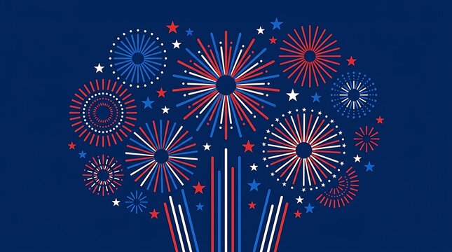 Colorful fireworks display bursting in patriotic red white blue sky