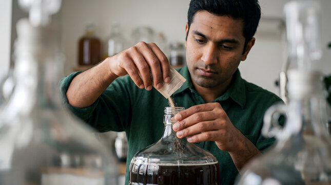 man adding yeast to fermentation carboy for brewing