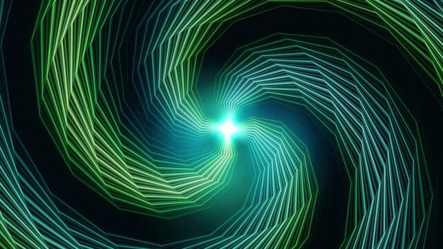 Glowing green light patterns spiraling in a mesmerizing digital motion animation that creates a deep tunnel effect for visual backgrounds