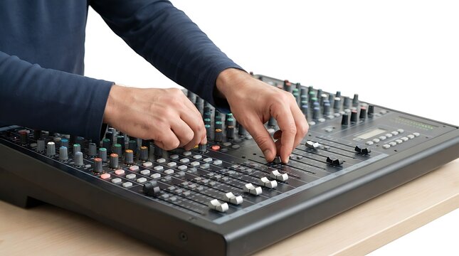 Audio engineer adjusting levels on professional mixing console for precise sound control in recording studio environment with knobs sliders professional