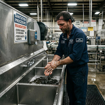 Worker washing hands at industrial sanitation station.