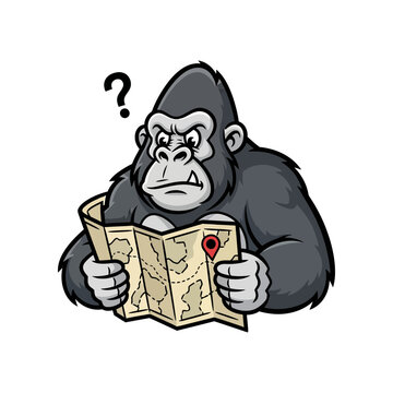 Confused cartoon gorilla character holding a crumpled map with a question mark, looking lost and searching for direction or destination. Vector illustration.