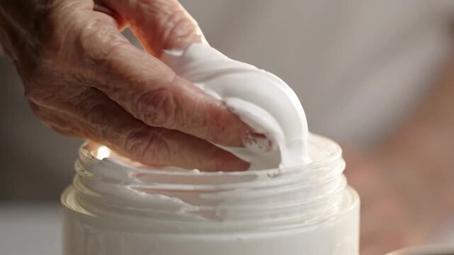 Close up of an elderly woman's hand dipping fingers into a jar of white moisturizing cream.