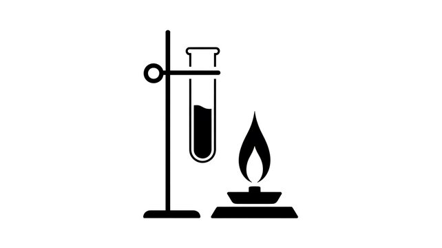Test tube on a stand with a burning bunsen burner flame