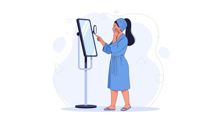 Fototapeta premium Woman applying skincare in front of a mirror, morning routine, self-care, beauty, flat design illustration