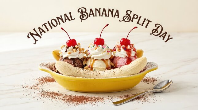 National Banana Split Day arched typography banner with ice cream dessert