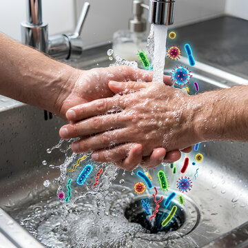 Hands washing with running water and illustrated germs.