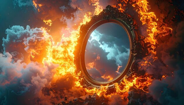 Abstract mirror and fire concept, surreal artistic composition, fantasy photography style,