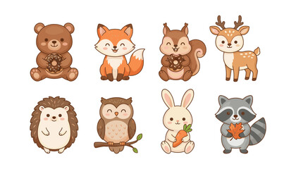 Obraz premium Cute Woodland Animals Vector Set with Kawaii Autumn Forest Creatures Holding Food and Leaves for Kids Graphics Stickers and Patterns