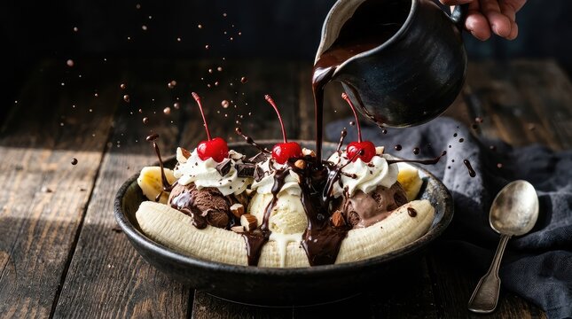 Pouring hot fudge chocolate syrup onto banana split ice cream sundae close up