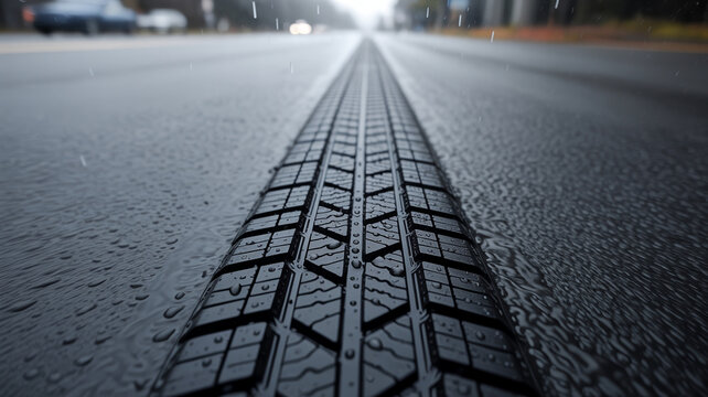Photorealistic wet tire tread with raindrops, macro detail, dramatic low-angle shot